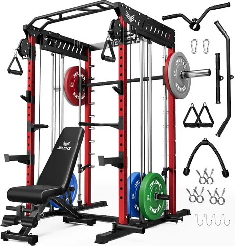Miniatura 19 de JELENS M21 - Máquina Smith, jaula de potencia multifunción con sistema de cruce de cable de polea doble, banco de sentadillas todo en uno de 907 kg