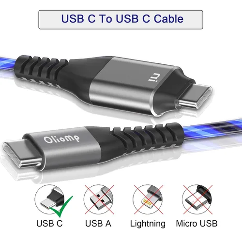 Miniatura 2 de Cable LED USB C a C de 6 pies 60 W 3A de carga rápida para iPhone15/15Pro/15Plus/15ProMax/iPad Pro2022/Air, Samsung S23 (azul)