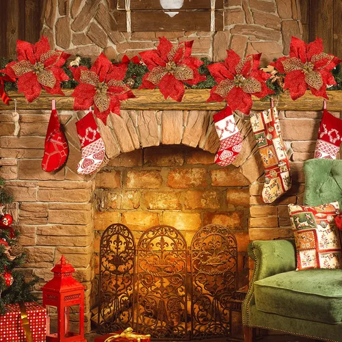 Miniatura 7 de Juego de 20 flores de pascua de 8.7 pulgadas de ancho, 3 capas de flores de Pascua rojas con purpurina, adornos para árbol de Navidad rojo, coronas