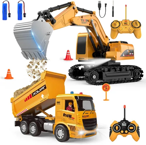 Miniatura 9 de MQDMINI Juego de juguetes de excavadora y camión volquete con control remoto, vehículos de construcción RC con barricadas, señales de tráfico, rocas