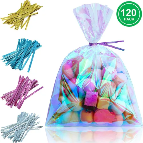Miniatura 9 de Shappy 120 bolsas de celofán iridiscentes, pequeñas bolsas holográficas con lazos giratorios, envoltura de regalo iridiscente para boda, cumpleaños