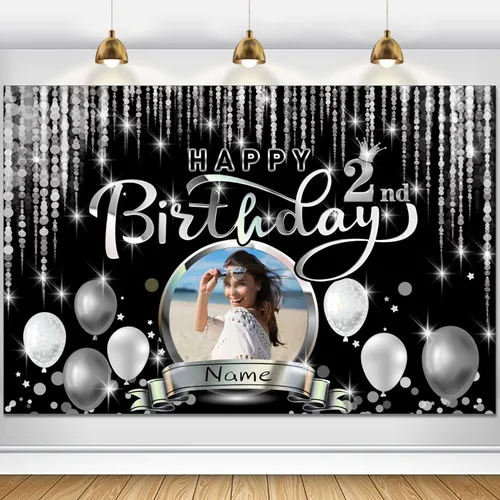 Miniatura 22 de Cartel de decoración de feliz cumpleaños número 100 personalizado - Personalización disponible - Negro y plateado - Tamaño grande - Admite fotos