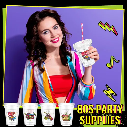 Miniatura 6 de FoldTier 50 tazas de plástico desechables de los años 80 de 12 onzas G Back to 80s tazas gruesas temáticas de los años 80 tapas para tazas
