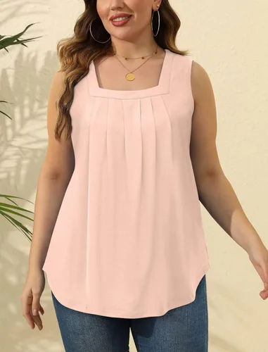 Miniatura 140 de Saloogoe - Camisetas sin mangas veraniegas para mujeres, plisadas con cuello cuadrado y dobladillo curvado, blusas de ajuste holgado con movimiento