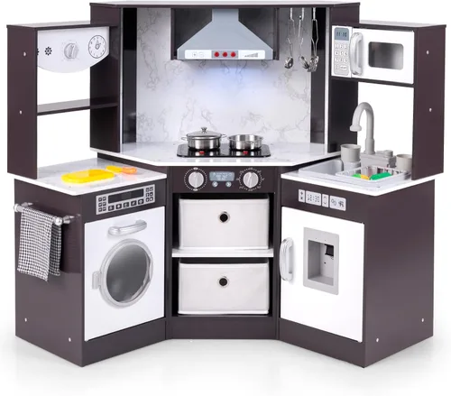 Costzon Cocina de juego de esquina, juego de cocina de madera para niños pequeños con luces y sonidos, sistema de circulación de agua, lavadora,