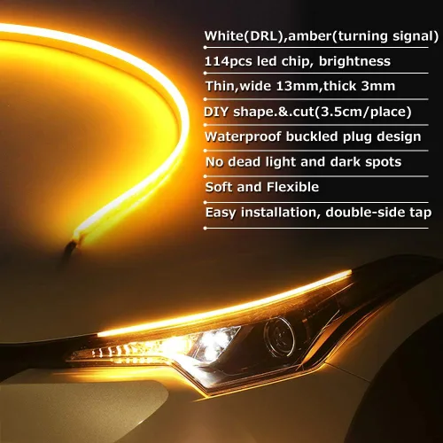 Miniatura 6 de Tira de luz LED ámbar blanca, 2 unidades, 23 pulgadas, 114 unidades, chip LED, doble color, impermeable, para automóvil, flexible, diurna, tira