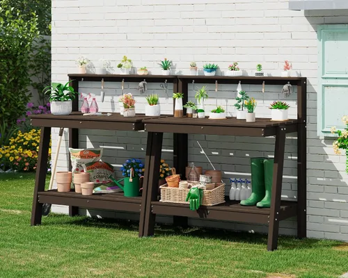 Miniatura 25 de SERWALL Banco de macetas para exteriores con fregadero extraíble, mesa para macetas de polietileno de alta densidad resistente a la putrefacción