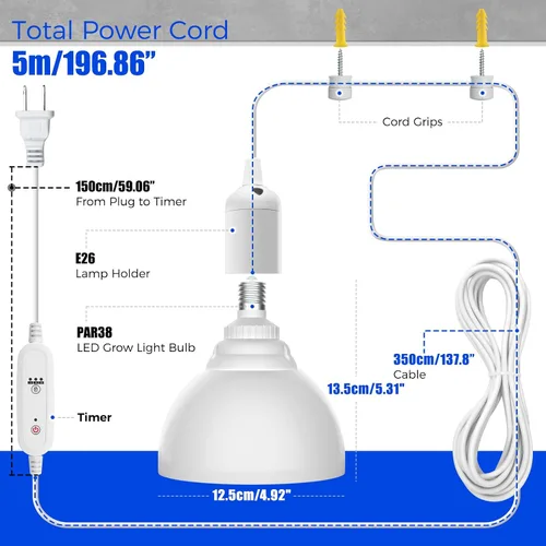 Miniatura 7 de Barrina Bombilla LED de cultivo con sistema de temporización y suspensión, espectro completo de 25 W, temporizador de 4H/9H/14H, luces de cultivo