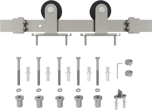 Miniatura 3 de JUBEST Kit de herrajes para puerta corrediza de granero de níquel satinado, kit de riel plano de una sola puerta, rodillo montado en la parte