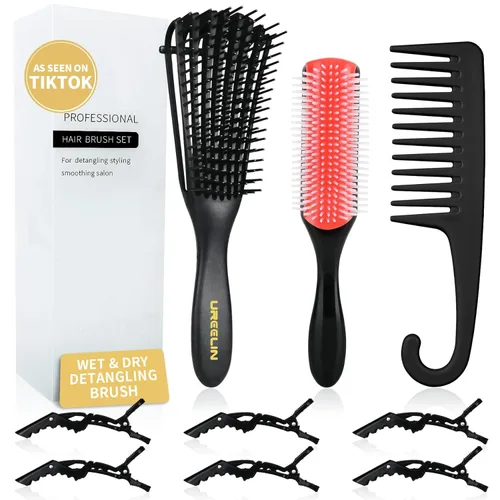 UREELIN Juego de cepillos para el cabello rizado, desenredante para cabello afroamericano/africano texturizado 3a a 4c, cepillo desenredante para