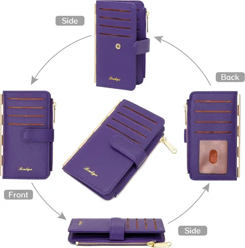 Miniatura 8 de Badiya Tarjetero de crédito para mujer, con bloqueo RFID, delgada, plegable, con bolsillo con cremallera y 3 ventanas para identificación, Violeta
