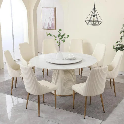 Miniatura 11 de Juego de mesa de comedor redonda de 9 piezas, moderna mesa de cocina de piedra sinterizada de 59 pulgadas con plato giratorio redondo de 31.5