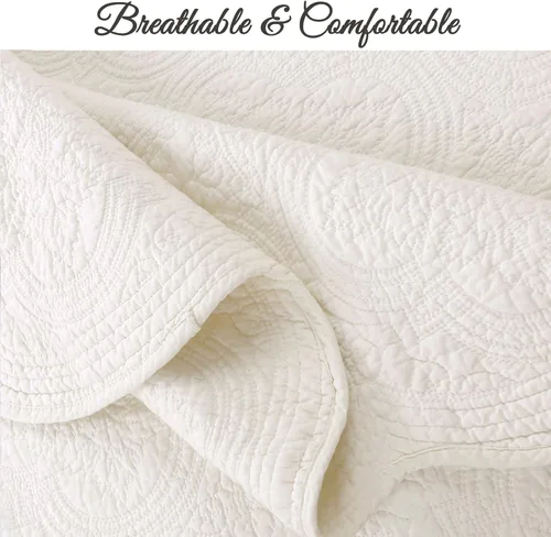 Miniatura 5 de Cozy Line Home Fashions Juego de edredón de ropa de cama acolchada matelassé en relieve con medallón blanco hueso de 100% algodón, colcha ligera