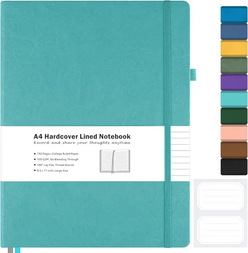 Miniatura 20 de Cuaderno con rayas universitarias, cuaderno de cuero de tapa dura A4 para el trabajo, cuaderno diario rayado para mujeres, hombres, 192 páginas