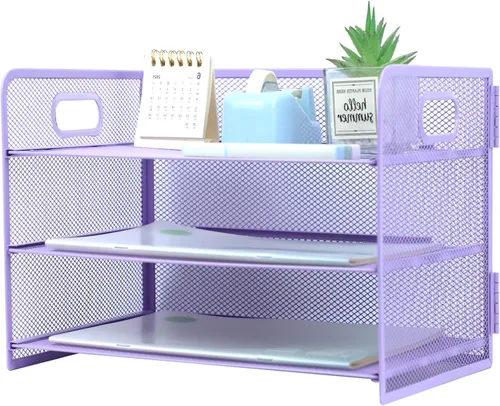 Miniatura 12 de Organizador de 3 niveles con asa, organizador de archivos de escritorio de malla metálica con bandejas deslizantes, escritorio clasificador de papel