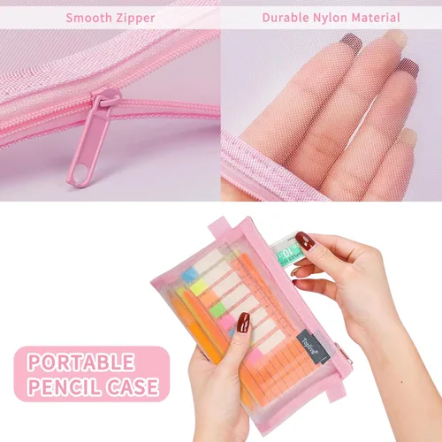 Miniatura 2 de Toplive Juego de 3 estuches para lápices, bolsa transparente para lápices de examen, bolsa de malla de nailon con cremallera para bolígrafos, bolsa