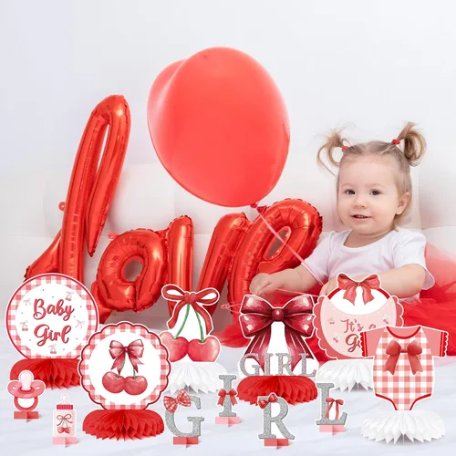 Miniatura 7 de Centros de Mesa de Panal de Arco Rojo para Fiesta de Niña, Decoración de Mesa Coquette para Baby Shower, Suministros para Fiesta de Revelación