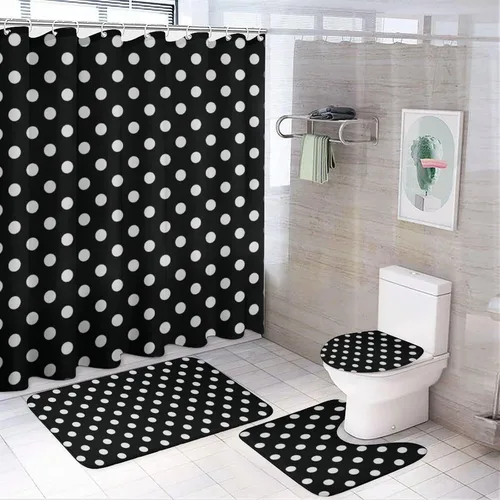 Miniatura 12 de Juego de 3 alfombras de baño con diseño de lunares, color azul aguamarina, antideslizante, con contorno en forma de U y tapa de inodoro