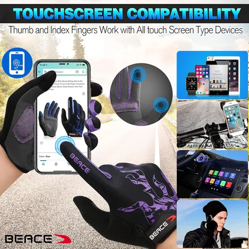 Miniatura 38 de BEACE Guantes de ciclismo para hombres y mujeres, guantes de ciclismo de montaña con pantalla táctil y palma de silicona antideslizante, guantes