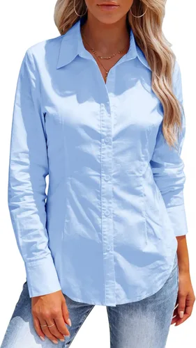 Miniatura 7 de Button Down Shirts for Women Long Sleeve Dress Shirts Collared Work Wrinkle Free Office Solid Blouses Fitted Tops