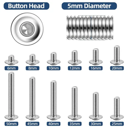Miniatura 3 de Tornillos de cabeza de botón con brida M5 x 0.472 in, acero inoxidable 18-8 (304), totalmente roscado, unidad de enchufe Allen, 100 unidades plateado