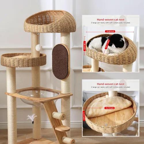 Miniatura 6 de Árbol moderno para gatos, torre de árbol para gatos con cápsula espacial, nido de cesta tejida a mano, postes de sisal y tabla de rascar, torre