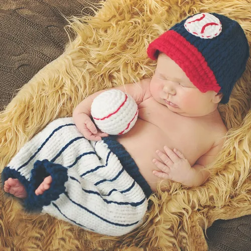 Miniatura 2 de Melondipity - Juego de 3 piezas de sombreros de bebé para fotografía de béisbol, para niños recién nacidos, 100% acrílico, Azul marino, rojo, blanco