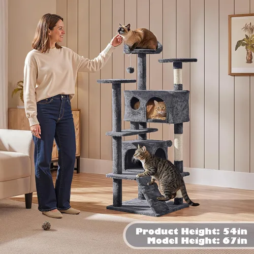 Miniatura 2 de Yaheetech Árbol para gatos de 54 pulgadas, torre para gatos de varios niveles con espaciosa percha de orejas de gatito, 2 cuevas acogedoras, postes