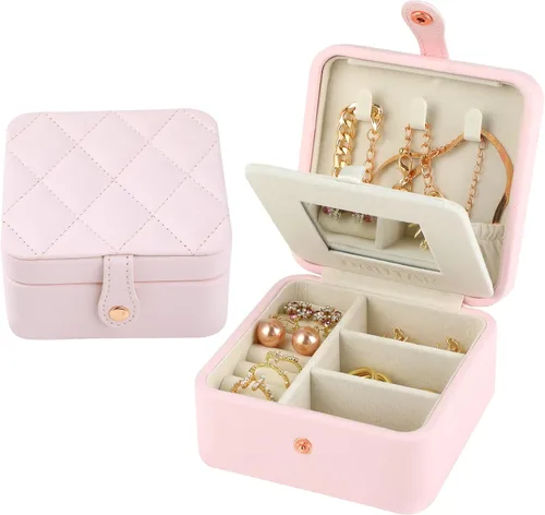 Joyero de viaje con espejo, mini estuche de viaje de piel sintética para mujeres y niñas, pequeño organizador de joyas portátil para anillos,