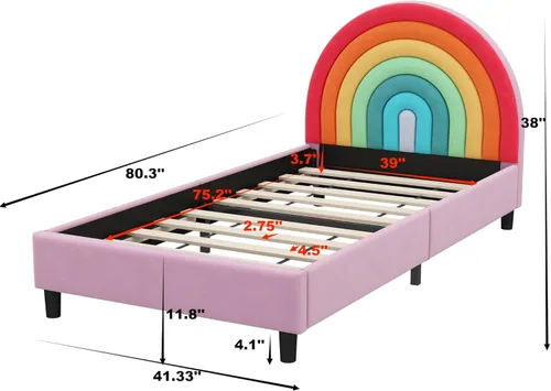 Miniatura 2 de SOFTSEA Base de cama tamaño individual con diseño de arco iris para niños, cama tapizada individual con cabecera arcoíris, cama de princesa, linda