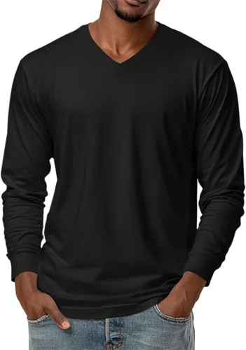Miniatura 10 de Camiseta para hombre, manga larga, cuello en V, color liso, informal, básica, suave, elástica, M-3XL