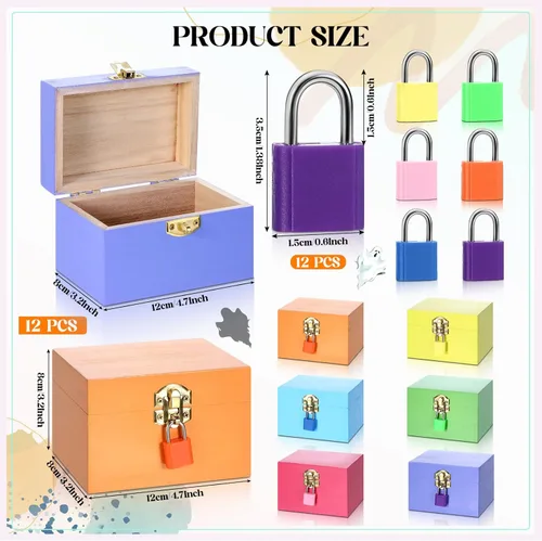 Miniatura 2 de CroBlissful Juego de 12 cajas de madera sin terminar de 24 piezas con tapas con bisagras y mini candados con llaves, caja de madera sin terminar