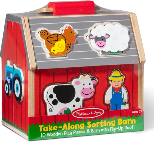 Miniatura 7 de Melissa & Doug Granero de juguete de madera para llevar, juego portátil de 11 piezas para niños pequeños con animales de granja y techo desplegable