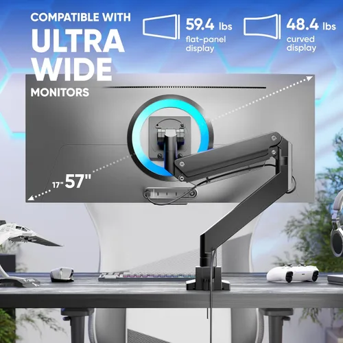 Miniatura 3 de ONKRON Brazo de monitor resistente para pantallas de 17-57 pulgadas de hasta 59.4 libras, soporte de pantalla ultraancho con resorte de gas Negro