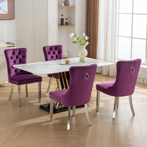 Miniatura 3 de Juego de 2 sillas de comedor de terciopelo, sillas de comedor copetudas de mediados de siglo con anillo trasero de cabeza de clavo, patas de metal