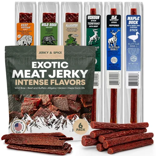 Miniatura 8 de Aperitivos de carne de caza salvaje de Buffalo Bob (paquete de 6) Muestra de carne seca exótica Juego de regalo de carne seca de res, cestas