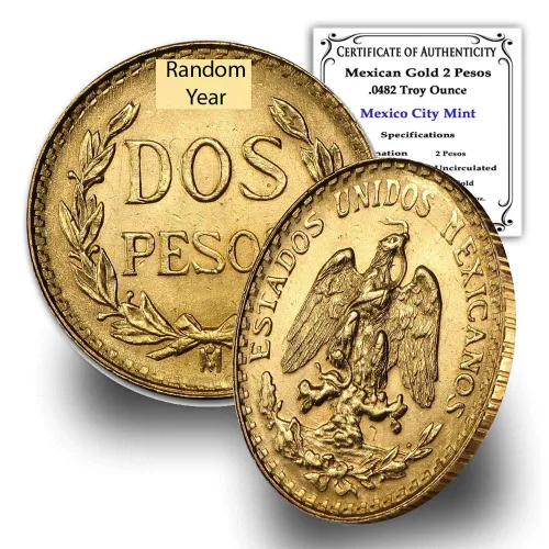 Moneda de Oro 2 Pesos de Hidalgo de 1/5 de 1919-1948 (año aleatorio) mexicana brillante sin circular con Certificado de Autenticidad - Moneda de Oro