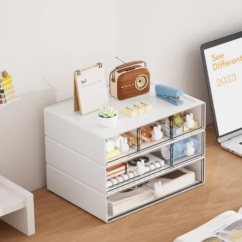 Miniatura 4 de Marbrasse Organizador de escritorio con 6 cajones, cajones de almacenamiento apilables de 3 niveles, almacenamiento de maquillaje de plástico