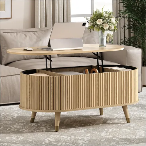 Miniatura 11 de Mesa de centro elevable con almacenamiento, mesa de centro moderna de mediados de siglo con patas de madera maciza, mesa central minimalista Roble