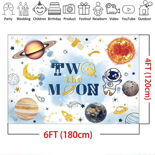 Miniatura 4 de Mocsicka Telón de fondo con texto en inglés «Two The Moon» para fiesta de segundo cumpleaños, espacio exterior, decoración de fondo del espacio Azul