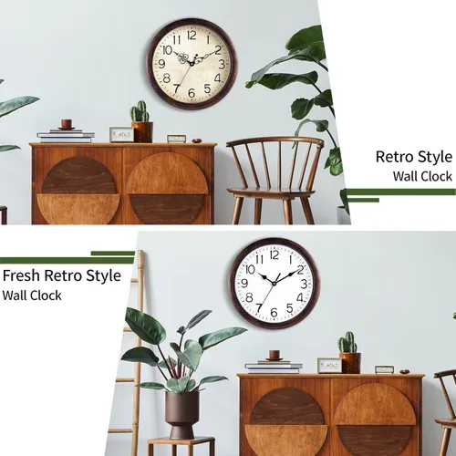 Miniatura 7 de KECYET Reloj de pared de 12 pulgadas, relojes de pared vintage operados con pilas, de cuarzo, silenciosos, sin tictac, estilo retro rústico, A_bronce