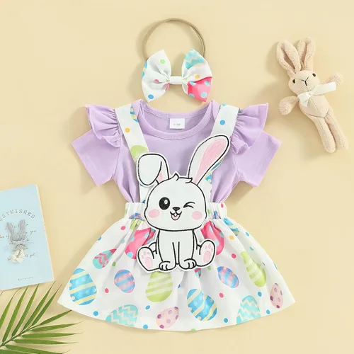 Miniatura 2 de Adobabirl Vestido de Pascua para niña recién nacida, mameluco de manga corta con conejo, huevos de Pascua, falda con tirantes, diadema