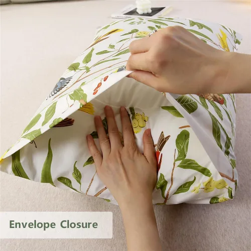 Miniatura 4 de URBONUR Juego de 2 fundas de almohada 100% algodón tamaño Queen con estampado de hojas de jardín y pájaros, fundas de almohada suaves y Hojas verdes