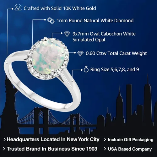 Miniatura 81 de Gem Stone King Anillo de compromiso ovalado de oro blanco de 10 quilates con piedra natal y halo de diamantes Ovalado de 0.354 x 0.276 in Anillo