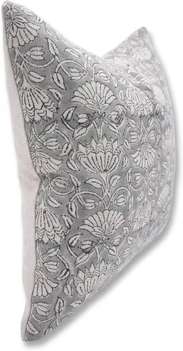 Miniatura 2 de Funda de cojín elegante de lino blanco roto con estampado de bloque a mano, 14 x 14 pulgadas, con cremallera invisible para sofá, cama, sala de Negro