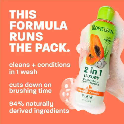Miniatura 3 de TropiClean Champú y acondicionador 2 en 1 para perros, aroma a papaya de larga duración, desenredante hidratante para perros, seguro para cachorros