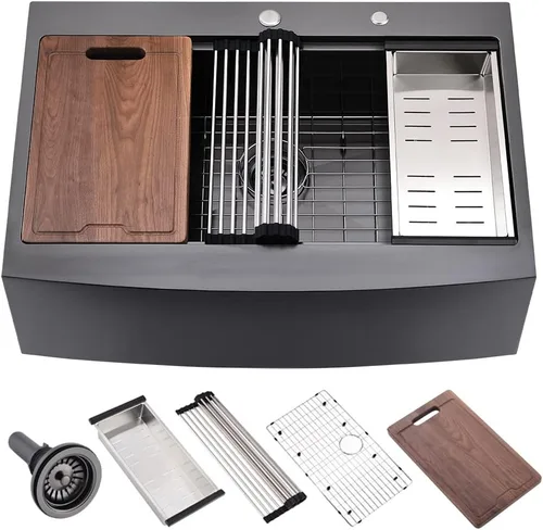 Fregadero In-Hovheir de 33 pulgadas de acero inoxidable negro de 33 x 22 pulgadas, fregadero de cocina de granja con delantal, fregadero de cocina