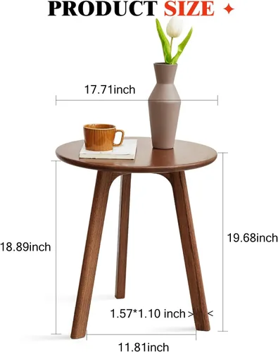 Miniatura 2 de Mesa auxiliar redonda 100% roble macizo, mesa auxiliar pequeña para espacios pequeños, mesas auxiliares de sala de estar de 3 patas con marco Nogal