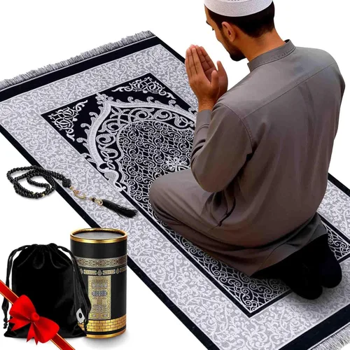 Miniatura 10 de Alfombra de oración musulmana portátil y cuentas con caja de regalo, tapete de oración islámica suave, tapete de oración de viaje para hombres