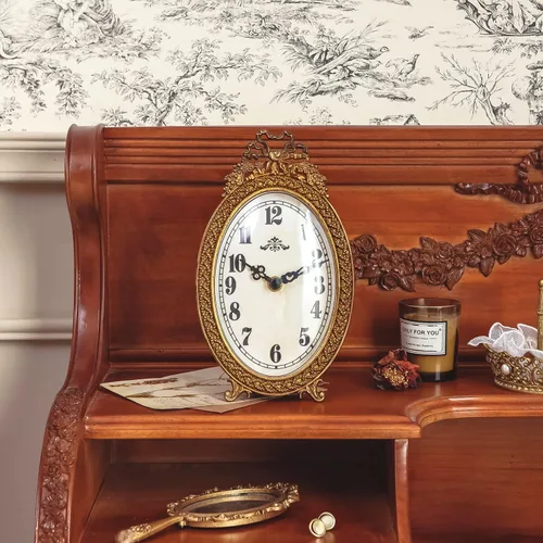 Miniatura 3 de NIKKY HOME Reloj de mesa dorado silencioso sin tictac, pequeño estante de escritorio, funciona con pilas, decoración clásica del hogar